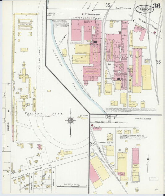 Sanborn Fire Insurance Map from Freeport, Stephenson County, Illinois (1910), Sheet #0036 - Historic Sanborn Fire Insurance Map Print, vintage old map wall art, antique decor, genealogy gift, Illinois Illinois map