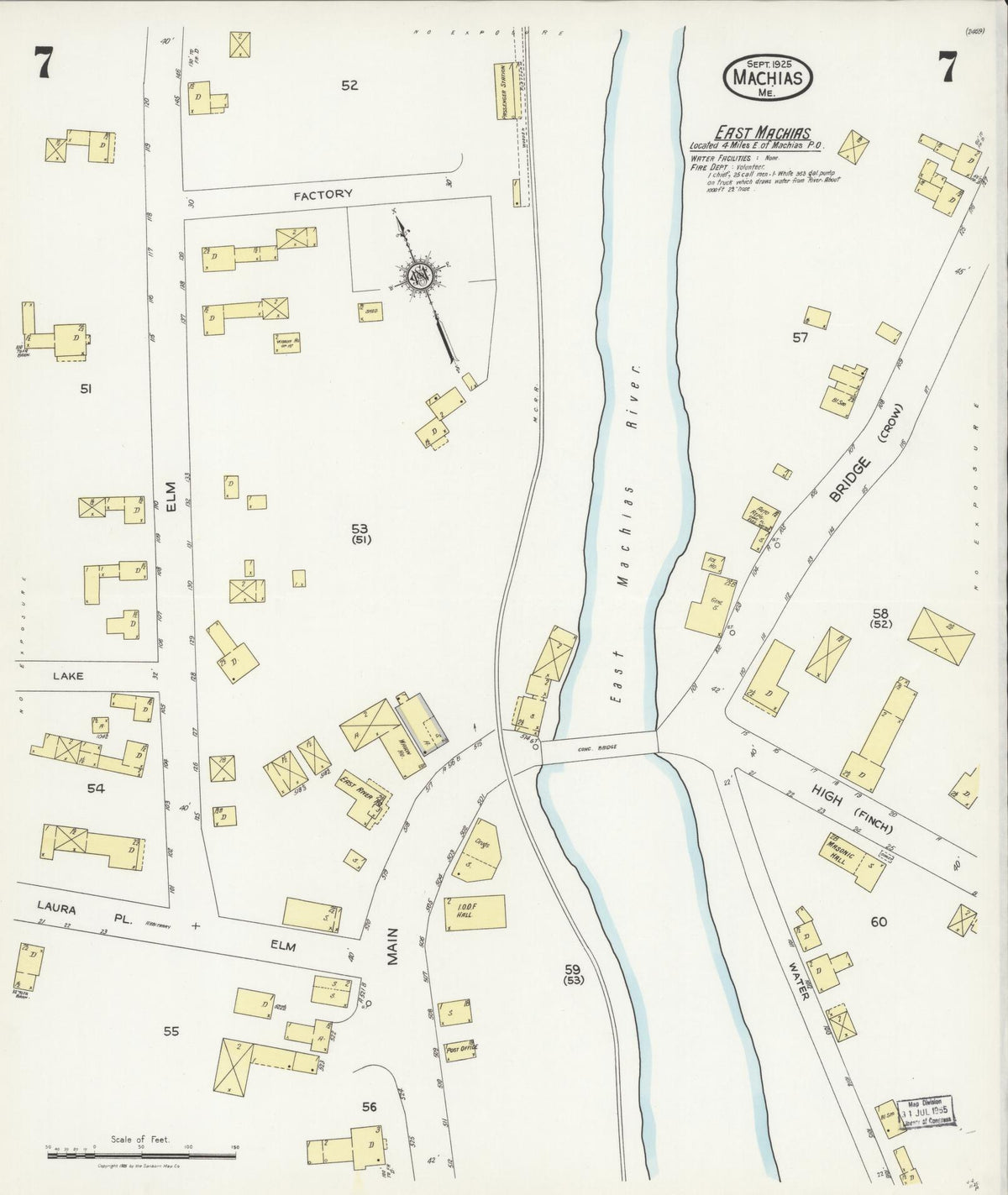 Sanborn Fire Insurance Map from Machias, Washington County, Maine (1925), Sheet #0007 - Historic Sanborn Fire Insurance Map Print, vintage old map wall art, antique decor, genealogy gift, Maine Maine map