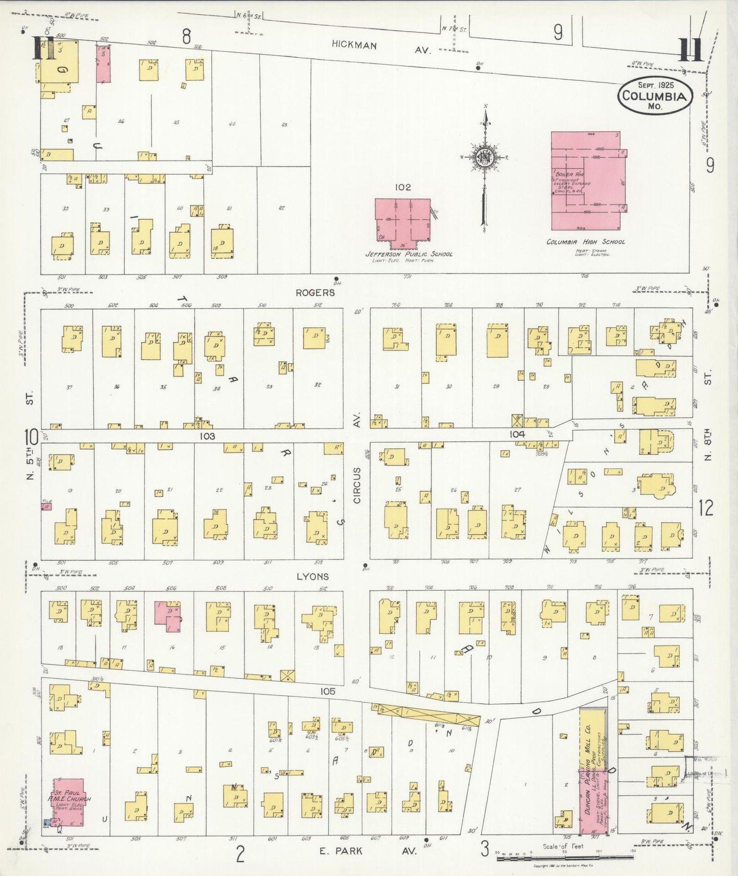 Sanborn Fire Insurance Map from Columbia, Boone County, Missouri (1925), Sheet #0011 - Complete Map Set gallery image, historic Sanborn map, vintage wall art, Missouri Missouri
