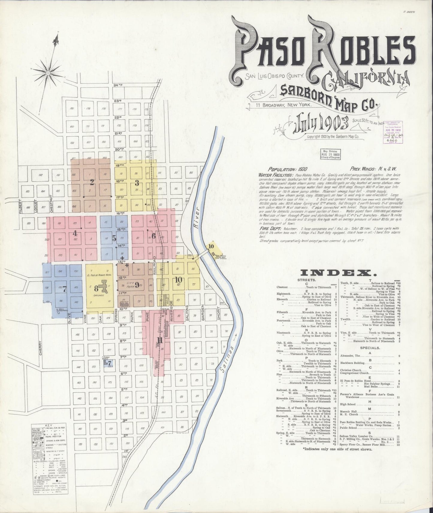 Sanborn Fire Insurance Map from Paso Robles, San Luis Obispo County, California (1903), Sheet #0001 - Complete Map Set gallery image, historic Sanborn map, vintage wall art, California California