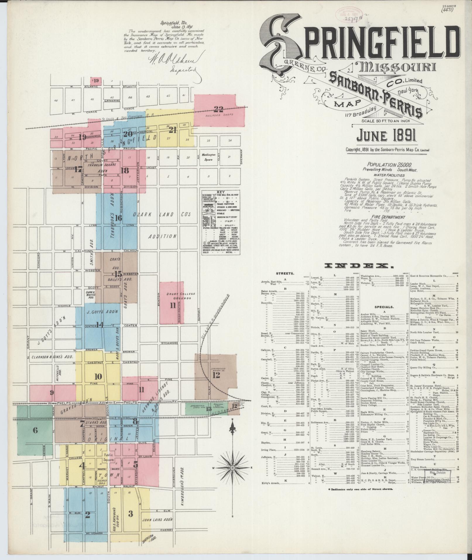 Sanborn Fire Insurance Map from Springfield, Greene County, Missouri (1891), Sheet #0001 - Complete Map Set gallery image, historic Sanborn map, vintage wall art, Missouri Missouri