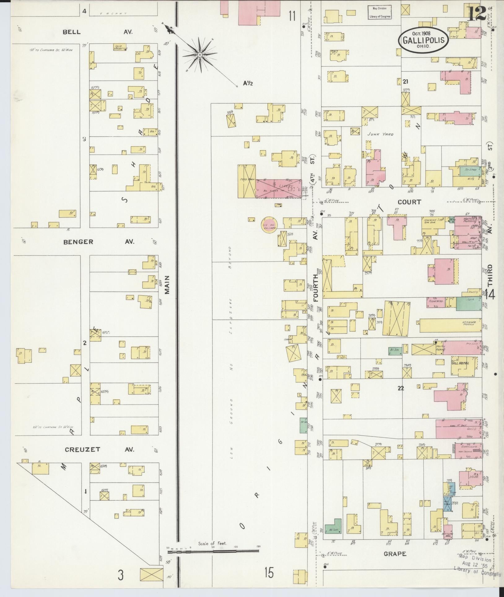 Sanborn Fire Insurance Map from Gallipolis, Gallia County, Ohio (1908), Sheet #0012 - Complete Map Set gallery image, historic Sanborn map, vintage wall art, Ohio Ohio