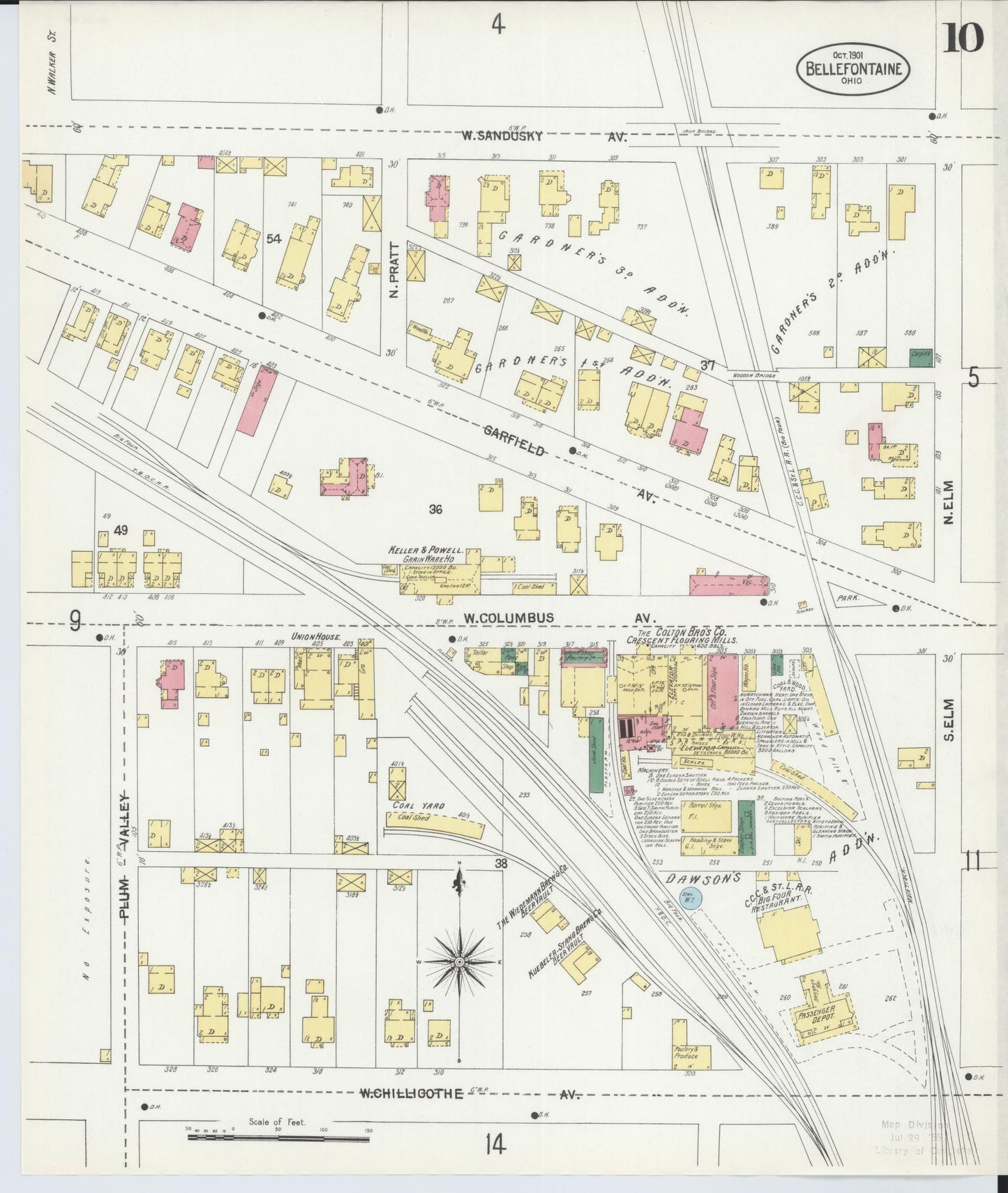 Sanborn Fire Insurance Map from Bellefontaine, Logan County, Ohio (1901), Sheet #0010 - Historic Sanborn Fire Insurance Map Print, vintage old map wall art, antique decor, genealogy gift, Ohio Ohio map