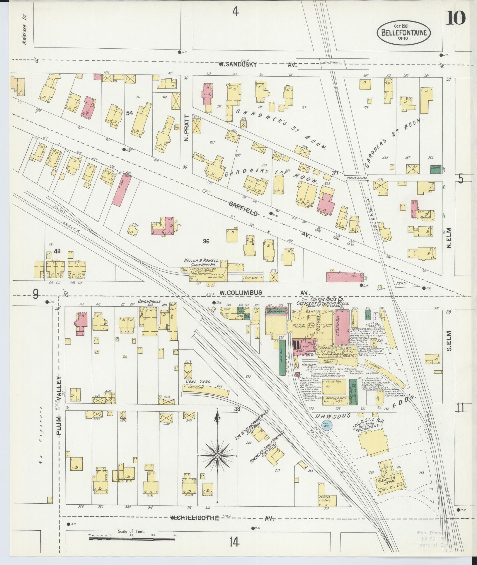 Sanborn Fire Insurance Map from Bellefontaine, Logan County, Ohio (1901), Sheet #0010 - Historic Sanborn Fire Insurance Map Print, vintage old map wall art, antique decor, genealogy gift, Ohio Ohio map