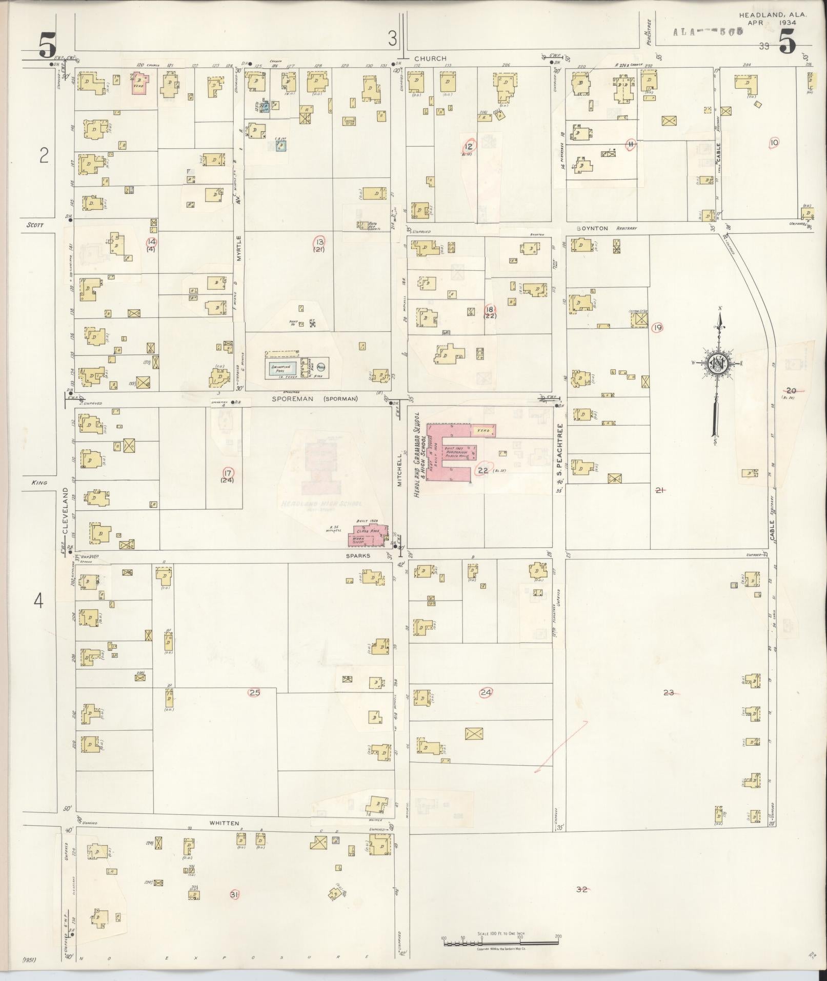 Sanborn Fire Insurance Map from Headland, Henry County, Alabama (1945), Sheet #0005 - Historic Sanborn Fire Insurance Map Print, vintage old map wall art, antique decor, genealogy gift, Alabama Alabama map