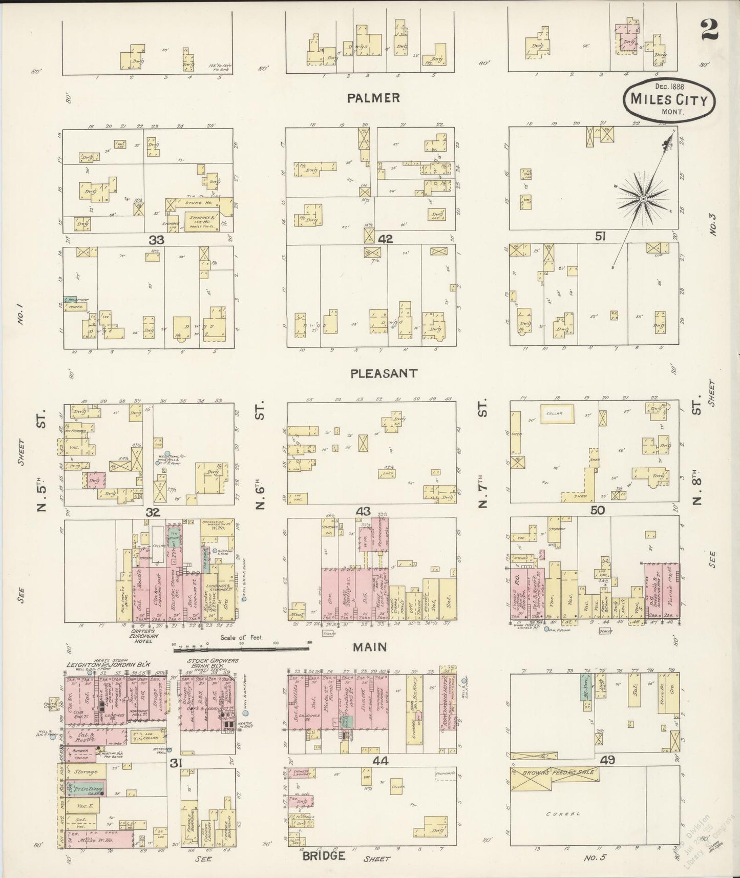 Sanborn Fire Insurance Map from Miles City, Custer County, Montana (1888), Sheet #0002 - Historic Sanborn Fire Insurance Map Print, vintage old map wall art, antique decor, genealogy gift, Montana Montana map