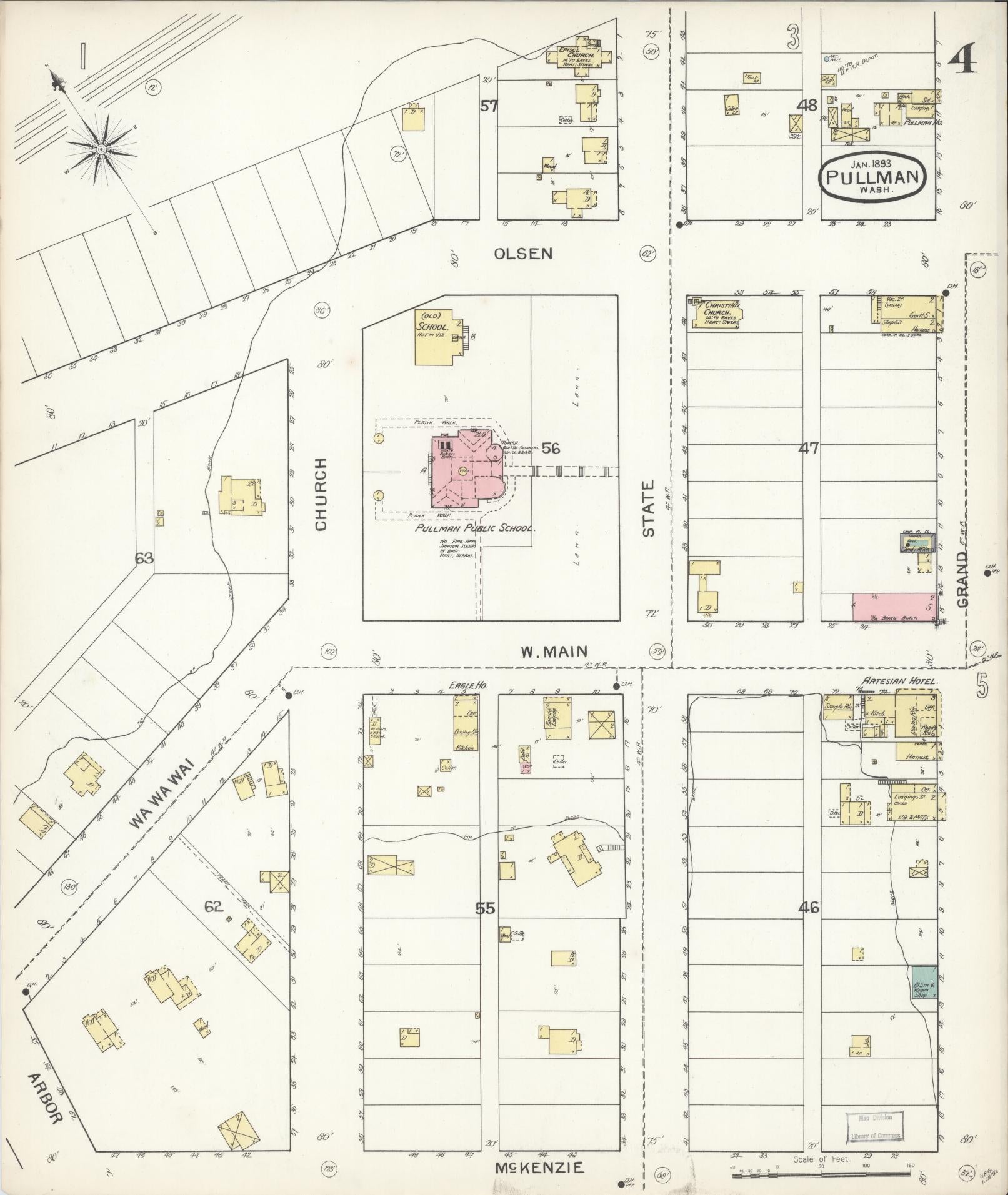 Sanborn Fire Insurance Map from Pullman, Whitman County, Washington (1893), Sheet #0004 - Complete Map Set gallery image, historic Sanborn map, vintage wall art, Washington Washington