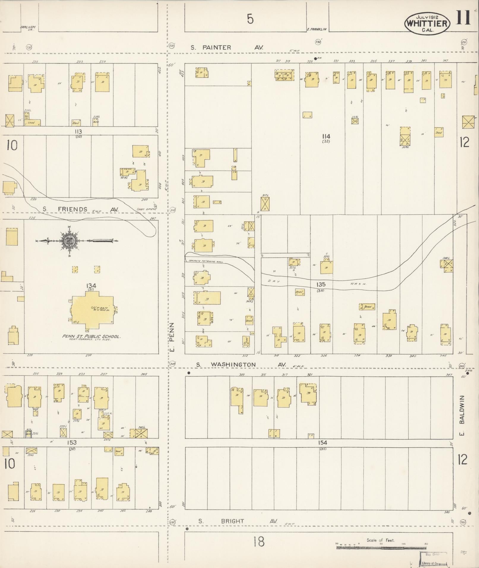 Sanborn Fire Insurance Map from Whittier, Los Angeles County, California (1912), Sheet #0011 - Complete Map Set gallery image, historic Sanborn map, vintage wall art, California California