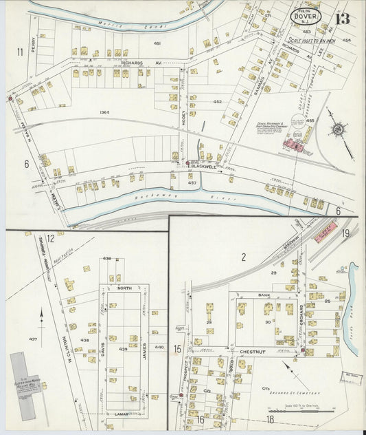Sanborn Fire Insurance Map from Dover, Morris County, New Jersey (1916), Sheet #0013 - Historic Sanborn Fire Insurance Map Print, vintage old map wall art, antique decor, genealogy gift, New Jersey New Jersey map
