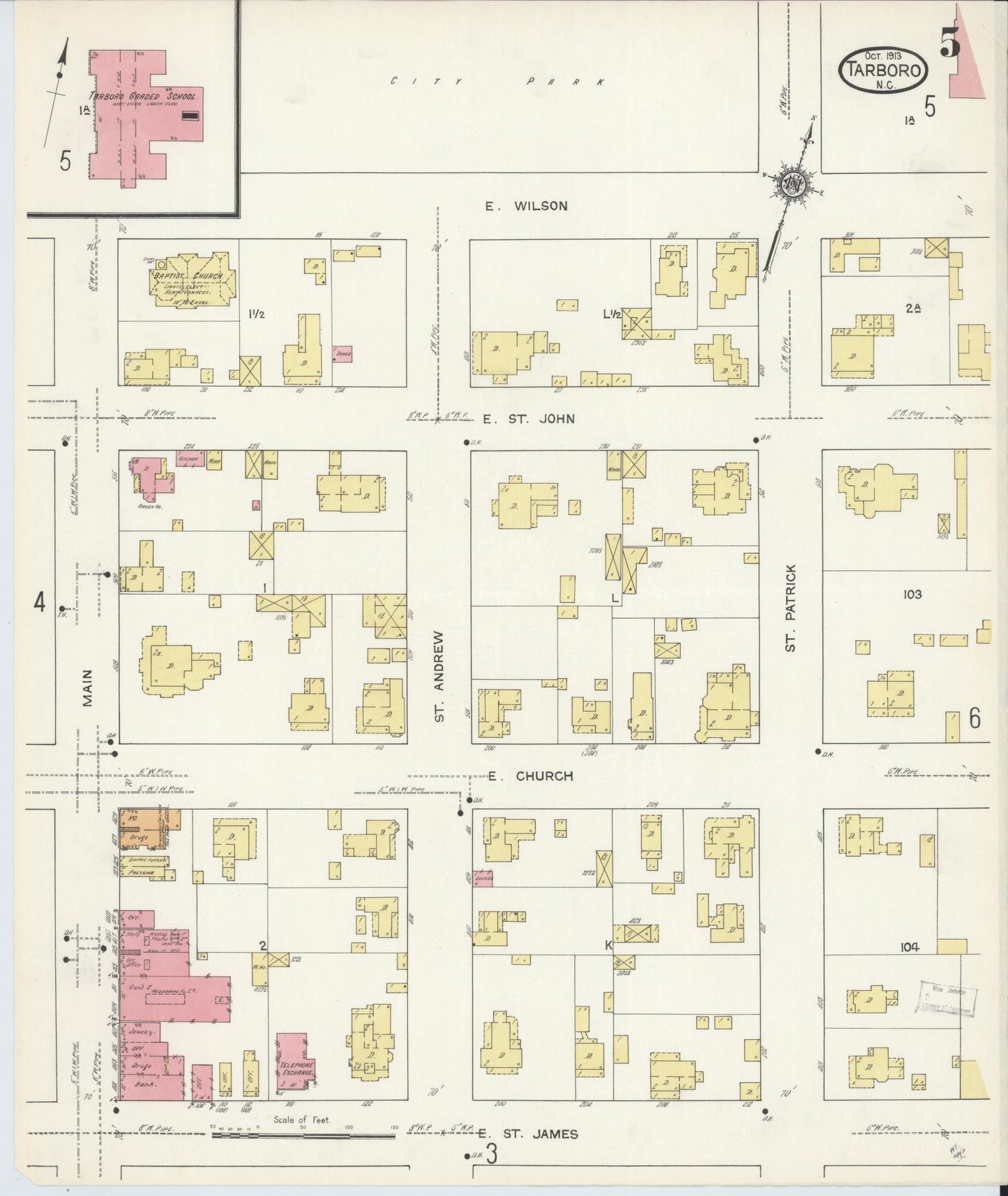 Sanborn Fire Insurance Map from Tarboro, Edgecombe County, North Carolina (1913), Sheet #0005 - Complete Map Set gallery image, historic Sanborn map, vintage wall art, North Carolina North Carolina