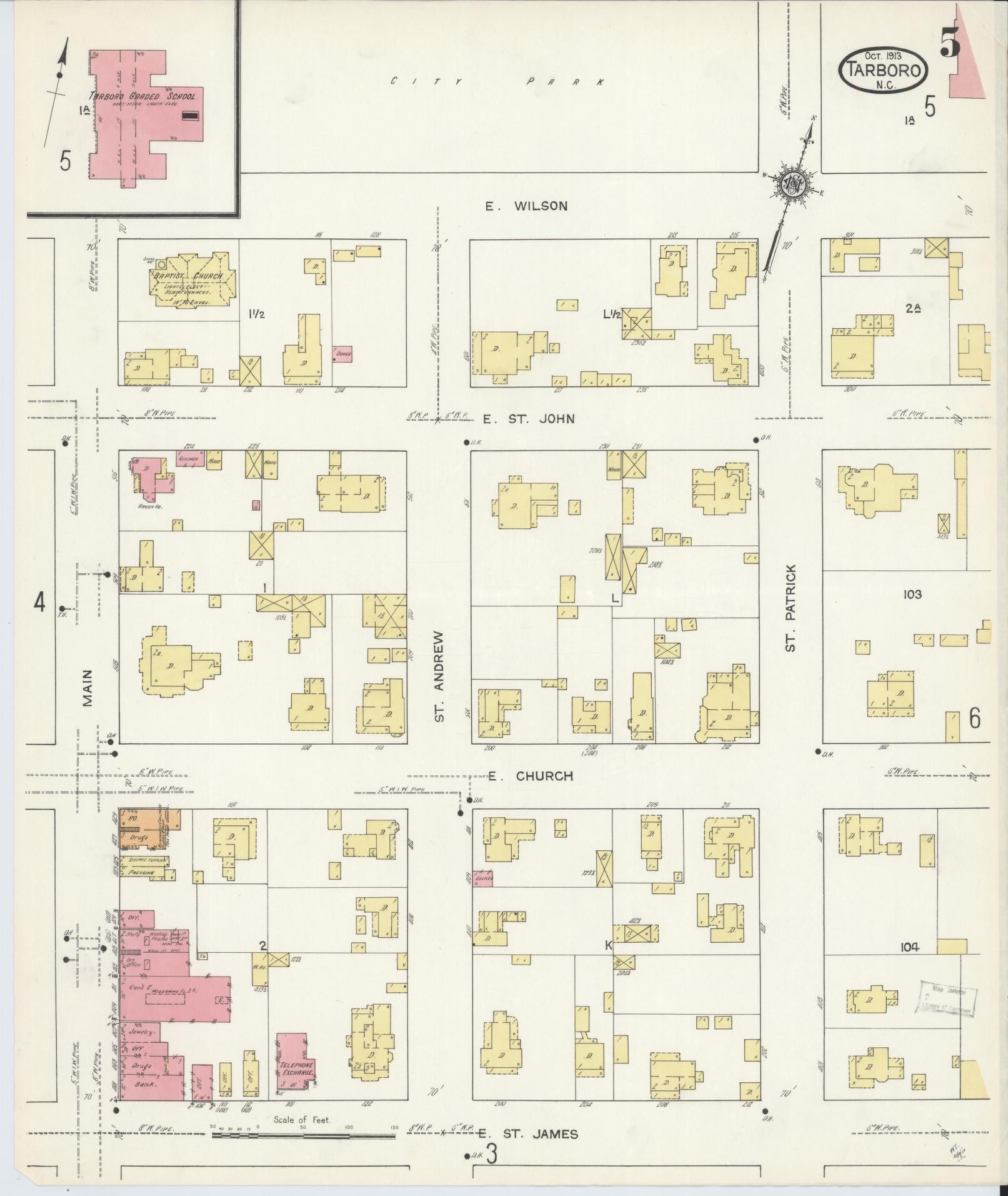 Sanborn Fire Insurance Map from Tarboro, Edgecombe County, North Carolina (1913), Sheet #0005 - Complete Map Set gallery image, historic Sanborn map, vintage wall art, North Carolina North Carolina