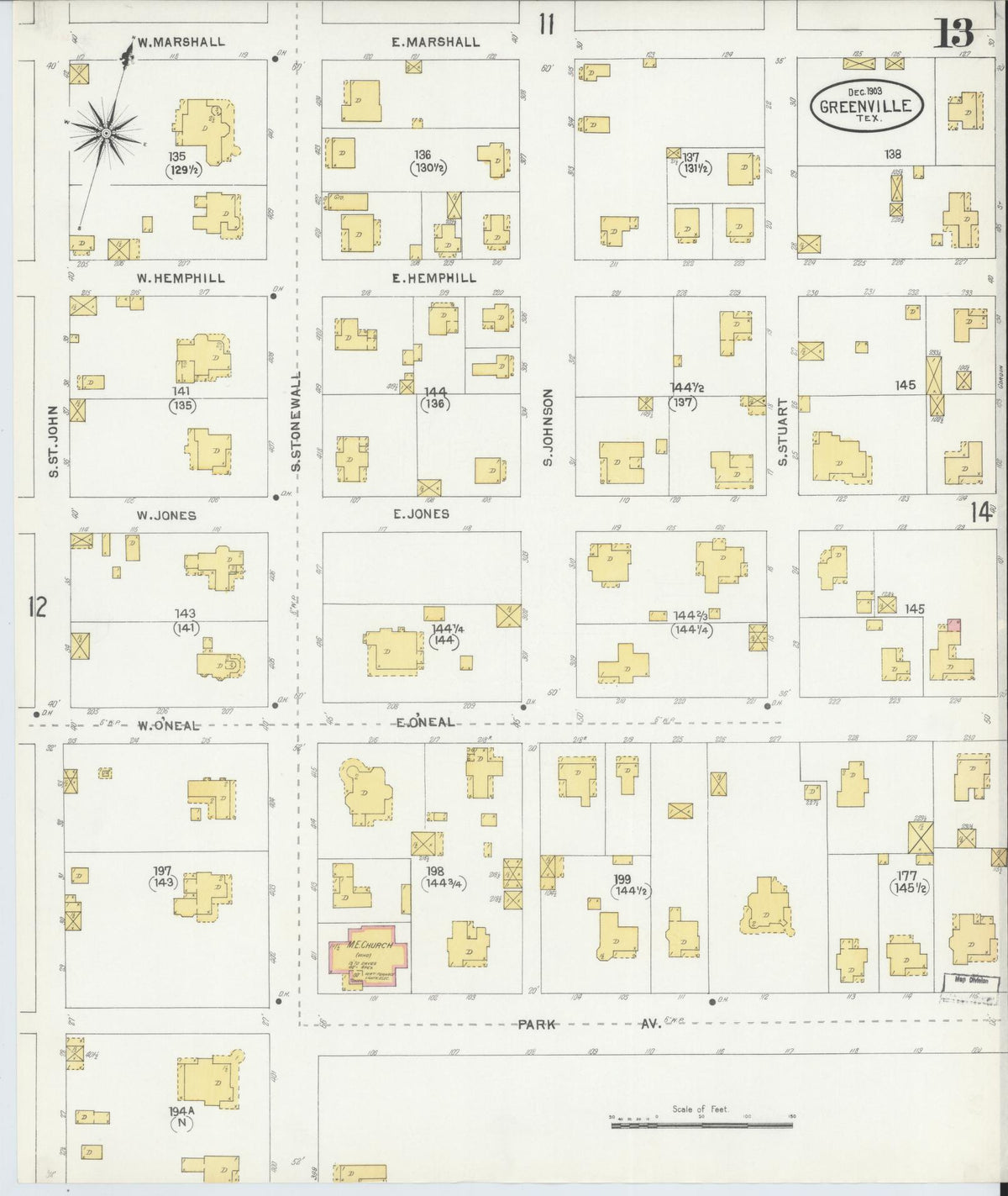 Sanborn Fire Insurance Map from Greenville, Hunt County, Texas (1903), Sheet #0013 - Complete Map Set gallery image, historic Sanborn map, vintage wall art, Texas Texas