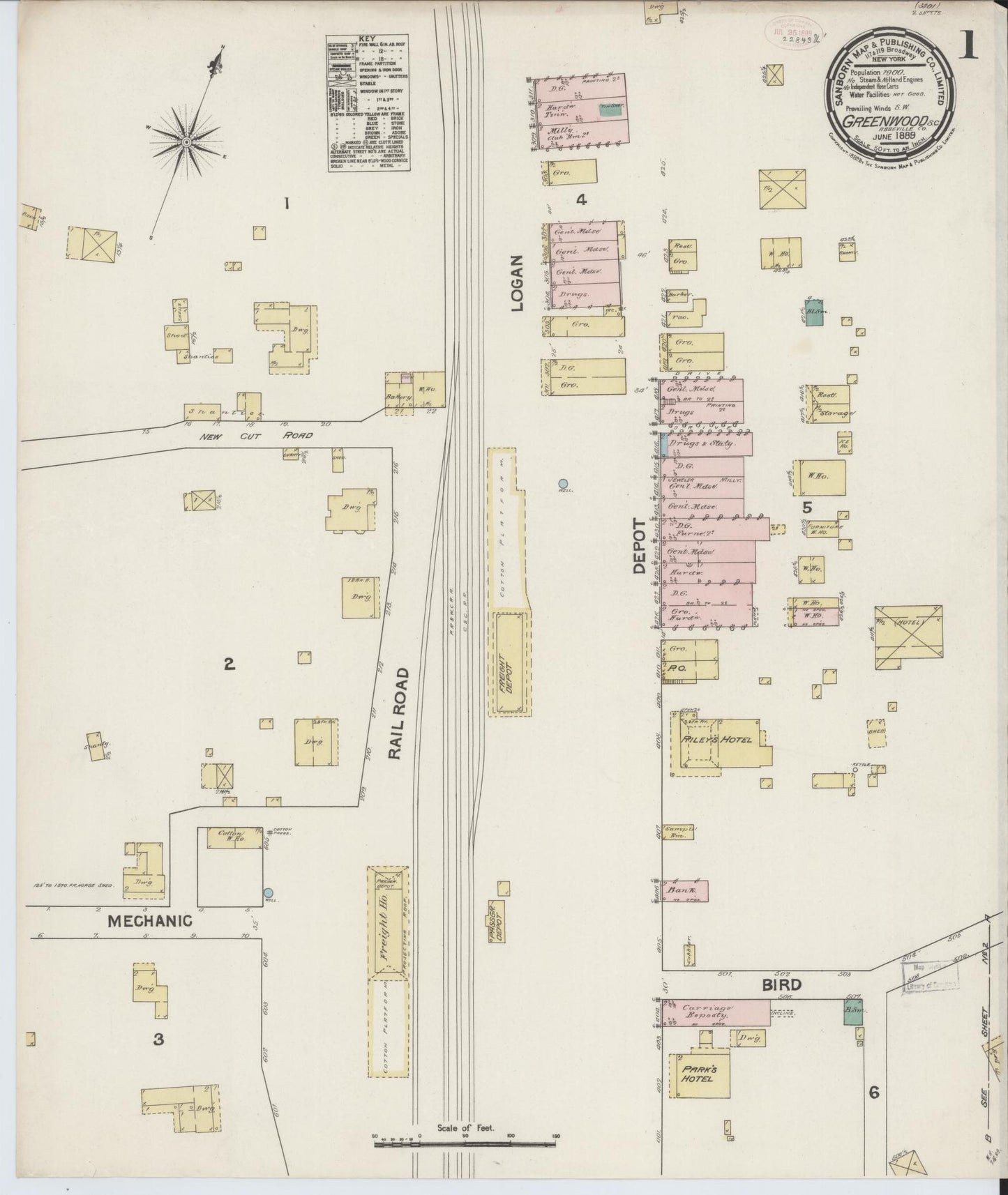 Sanborn Fire Insurance Map from Greenwood, Greenwood County, South Carolina (1889), Sheet #0001 - Complete Map Set gallery image, historic Sanborn map, vintage wall art, South Carolina South Carolina
