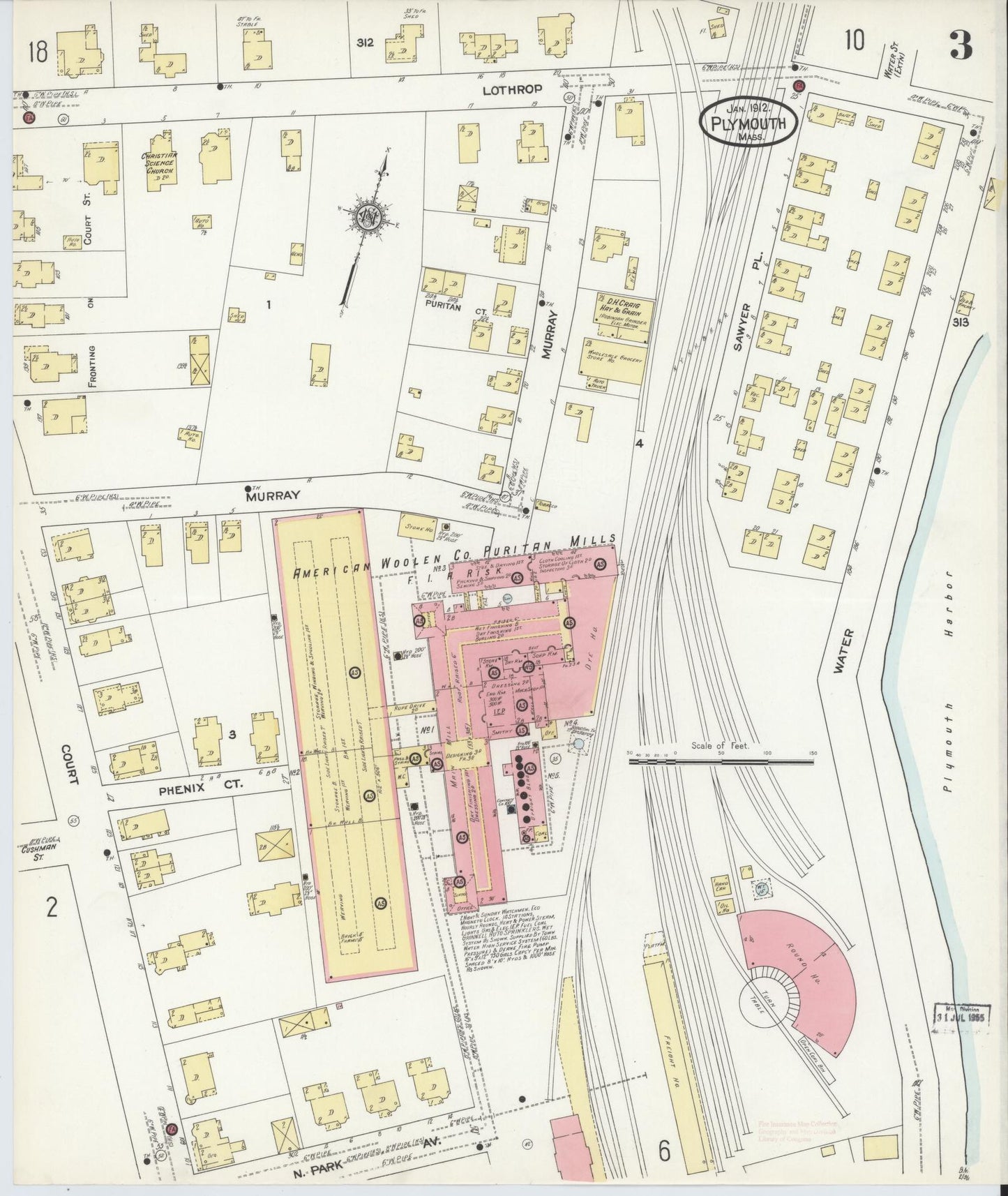 Sanborn Fire Insurance Map from Plymouth, Plymouth County, Massachusetts (1912), Sheet #0003 - Historic Sanborn Fire Insurance Map Print, vintage old map wall art, antique decor, genealogy gift, Massachusetts Massachusetts map