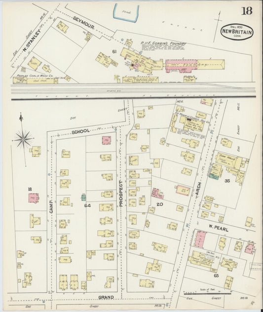 Sanborn Fire Insurance Map from New Britain, Hartford County, Connecticut (1890), Sheet #0018 - Historic Sanborn Fire Insurance Map Print, vintage old map wall art, antique decor, genealogy gift, Connecticut Connecticut map