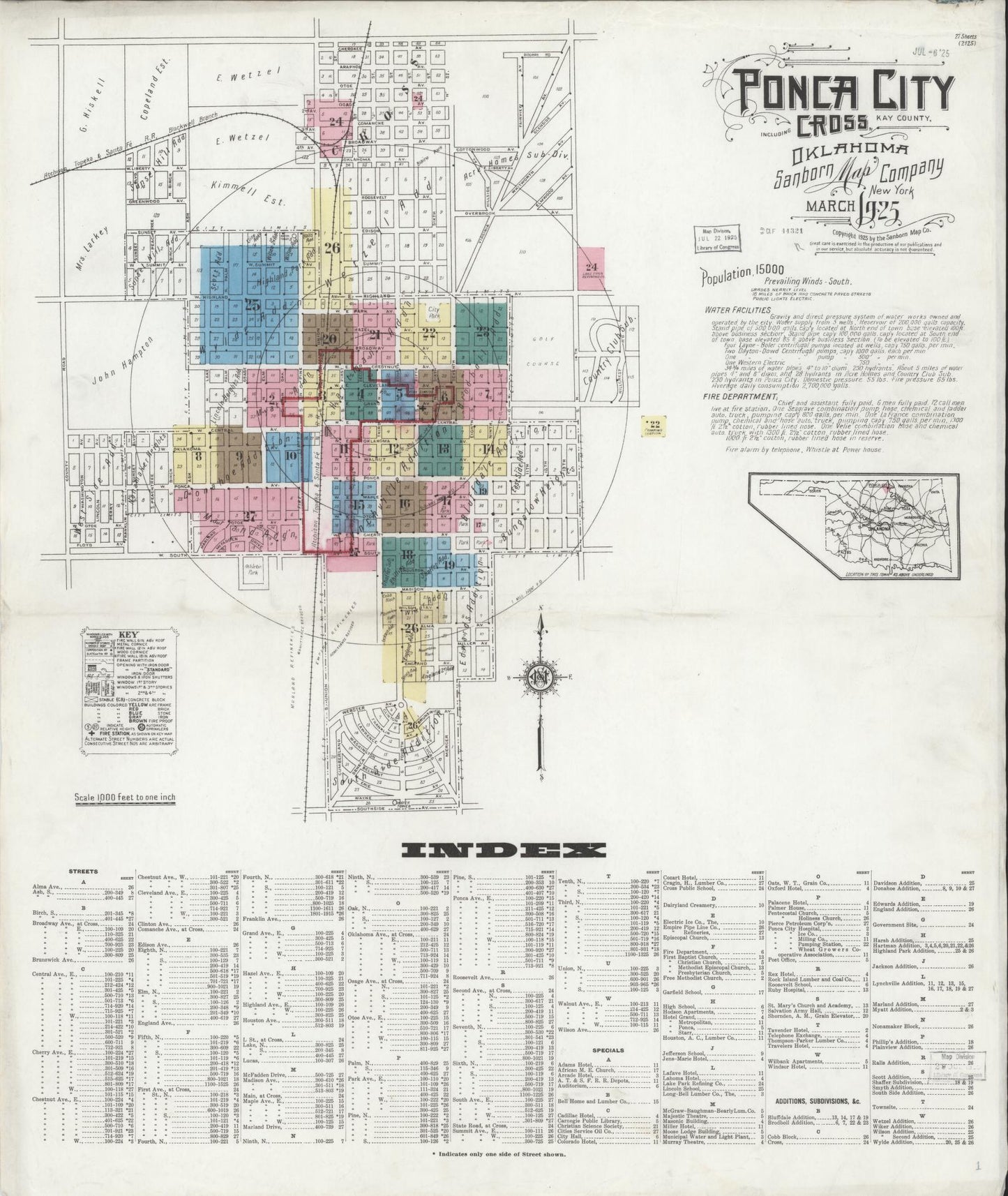 Sanborn Fire Insurance Map from Ponca City, Kay County, Oklahoma (1925), Sheet #0001 - Historic Sanborn Fire Insurance Map Print, vintage old map wall art, antique decor, genealogy gift, Oklahoma Oklahoma map