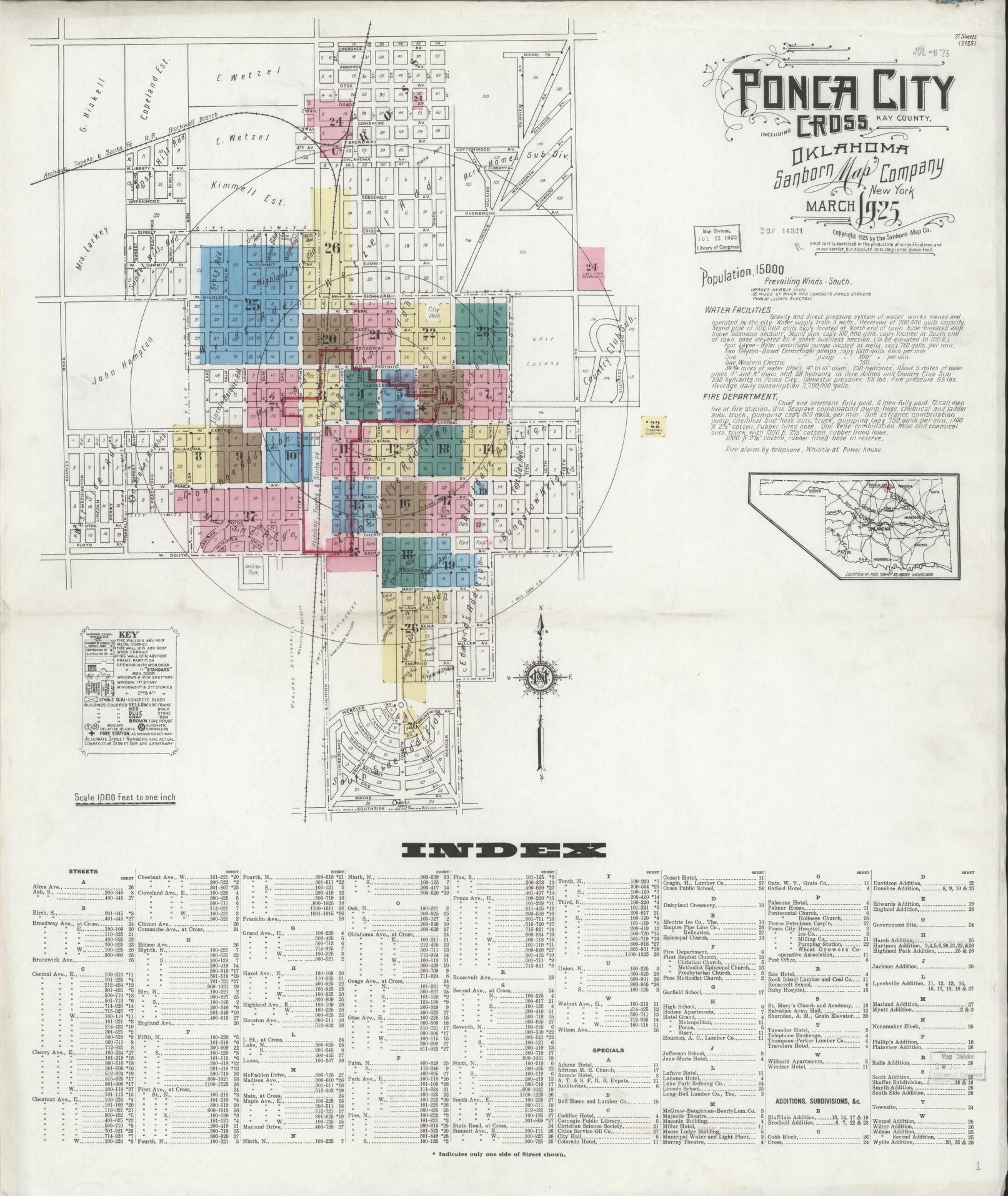 Sanborn Fire Insurance Map from Ponca City, Kay County, Oklahoma (1925), Sheet #0001 - Historic Sanborn Fire Insurance Map Print, vintage old map wall art, antique decor, genealogy gift, Oklahoma Oklahoma map