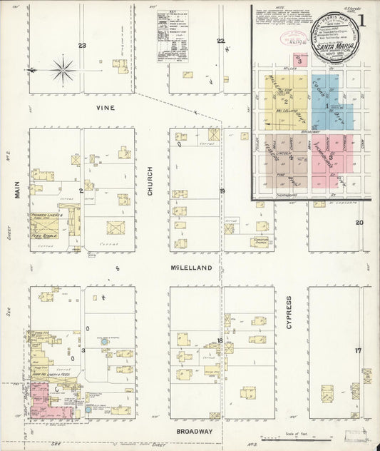 Sanborn Fire Insurance Map from Santa Maria, Santa Barbara County, California (1891), Sheet #0001 - Complete Map Set gallery image, historic Sanborn map, vintage wall art, California California