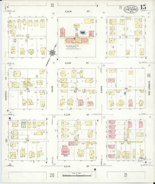 Sanborn Fire Insurance Map from Cheyenne, Laramie County, Wyoming (1912), Sheet #0015 - Historic Sanborn Fire Insurance Map Print, vintage old map wall art, antique decor, genealogy gift, Wyoming Wyoming map
