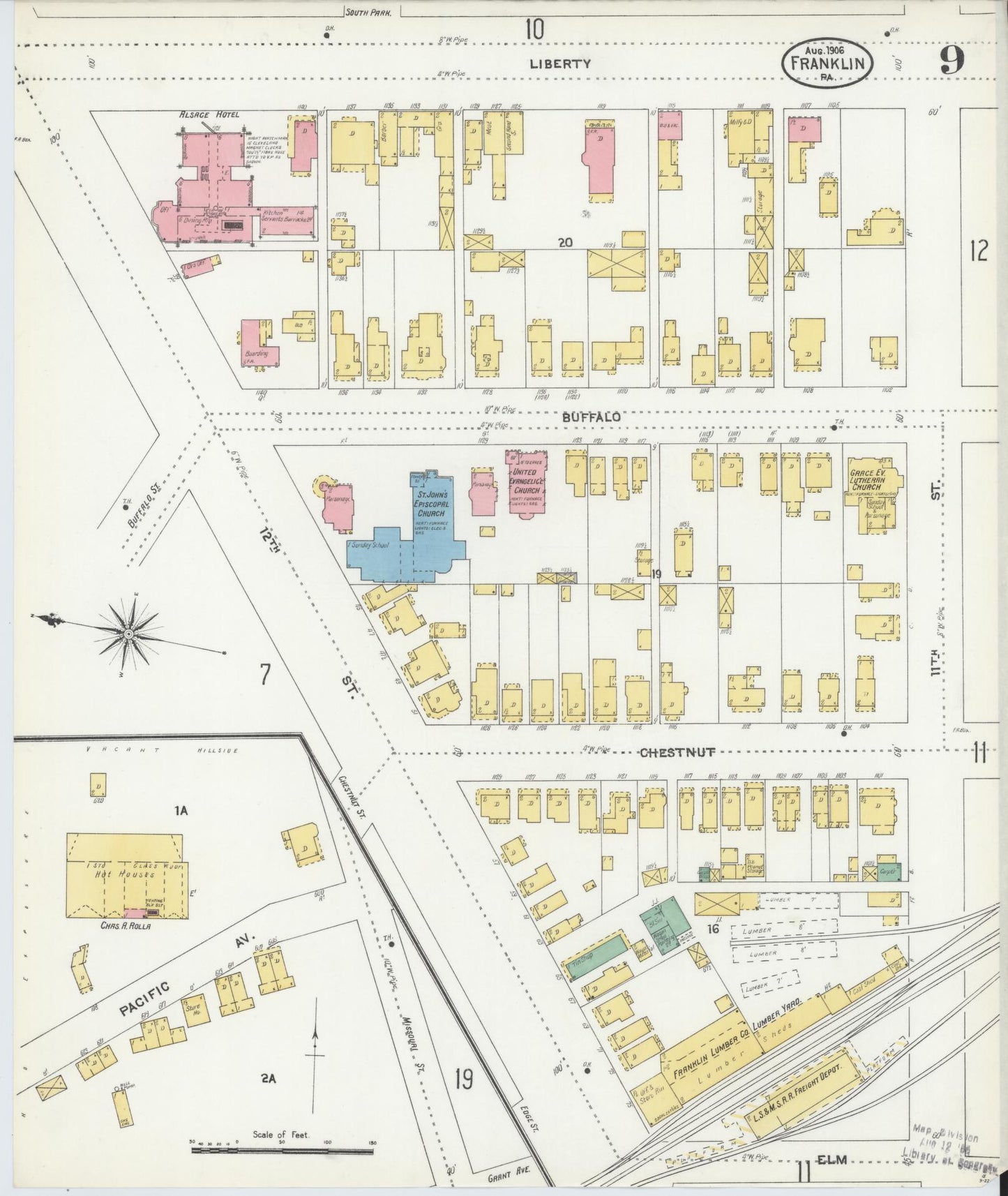 Sanborn Fire Insurance Map from Franklin, Venango County, Pennsylvania (1906), Sheet #0009 - Historic Sanborn Fire Insurance Map Print, vintage old map wall art, antique decor, genealogy gift, Pennsylvania Pennsylvania map