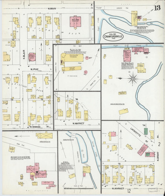 Sanborn Fire Insurance Map from Crawfordsville, Montgomery County, Indiana (1902), Sheet #0013 - Historic Sanborn Fire Insurance Map Print, vintage old map wall art, antique decor, genealogy gift, Indiana Indiana map