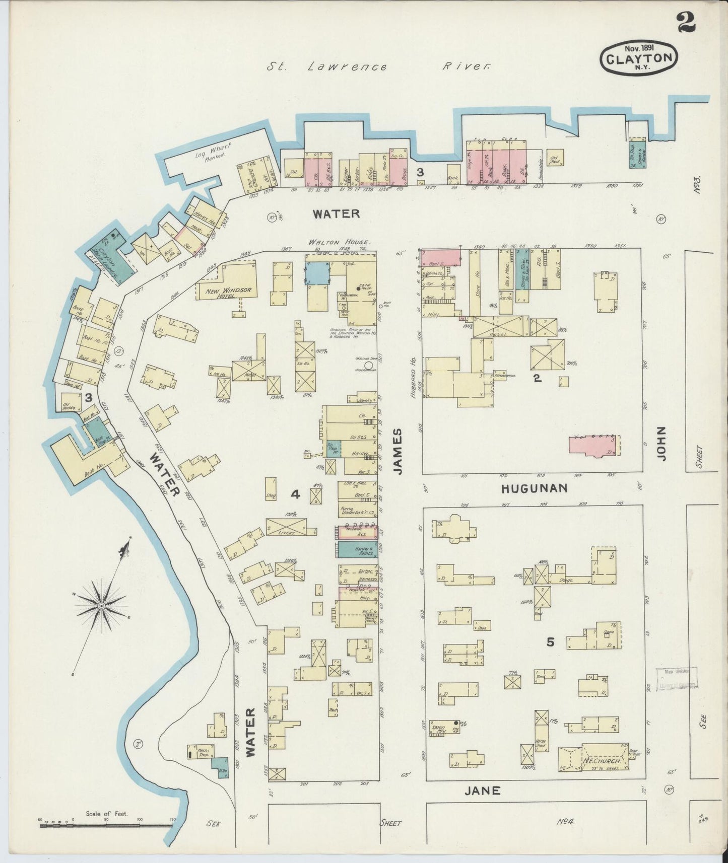 Sanborn Fire Insurance Map from Clayton, Jefferson County, New York (1891), Sheet #0002 - Complete Map Set gallery image, historic Sanborn map, vintage wall art, New York New York