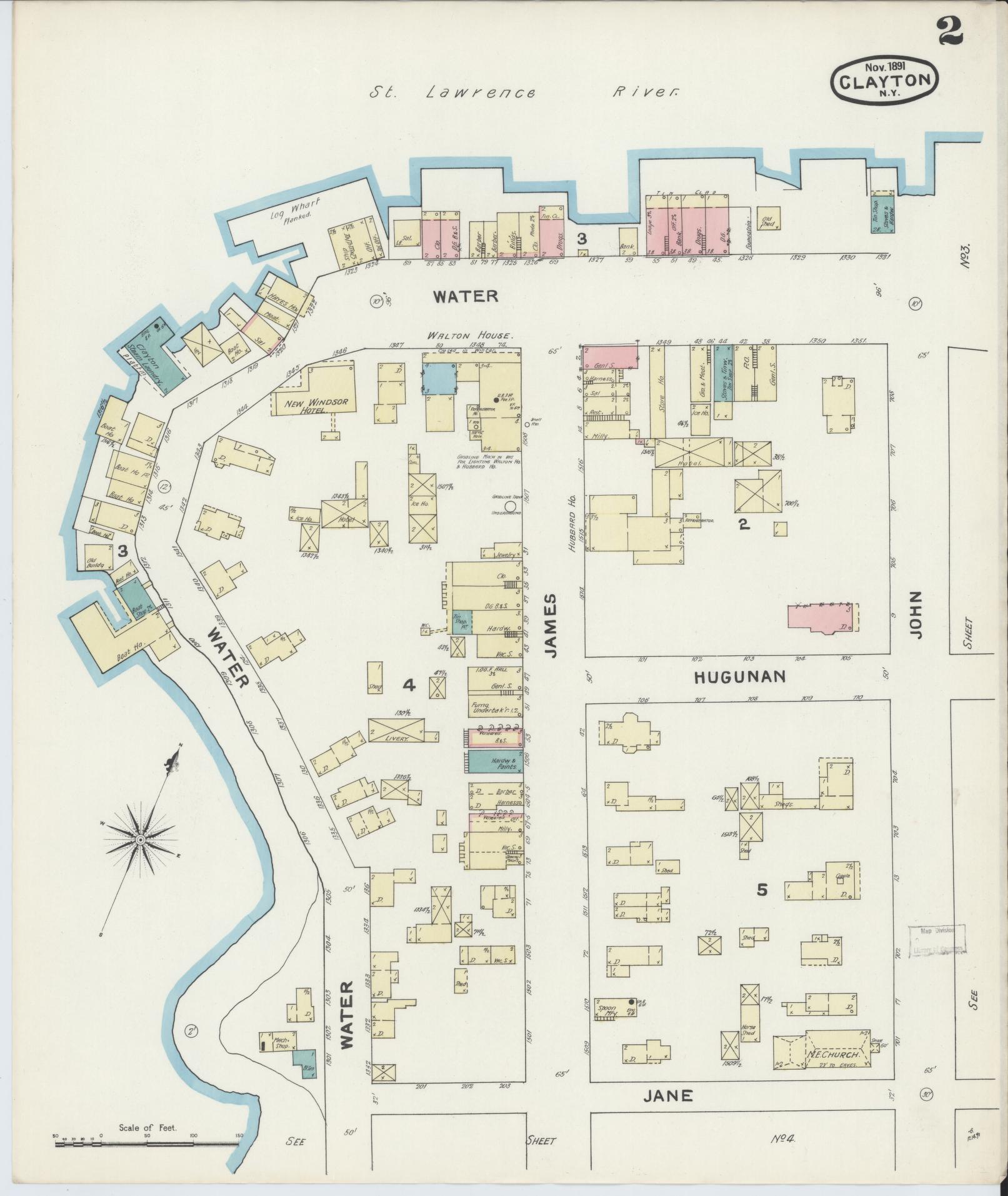 Sanborn Fire Insurance Map from Clayton, Jefferson County, New York (1891), Sheet #0002 - Complete Map Set gallery image, historic Sanborn map, vintage wall art, New York New York