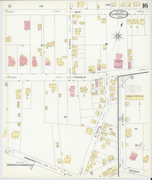 Sanborn Fire Insurance Map from Clarksville, Montgomery County, Tennessee (1908), Sheet #0016 - Historic Sanborn Fire Insurance Map Print, vintage old map wall art, antique decor, genealogy gift, Tennessee Tennessee map