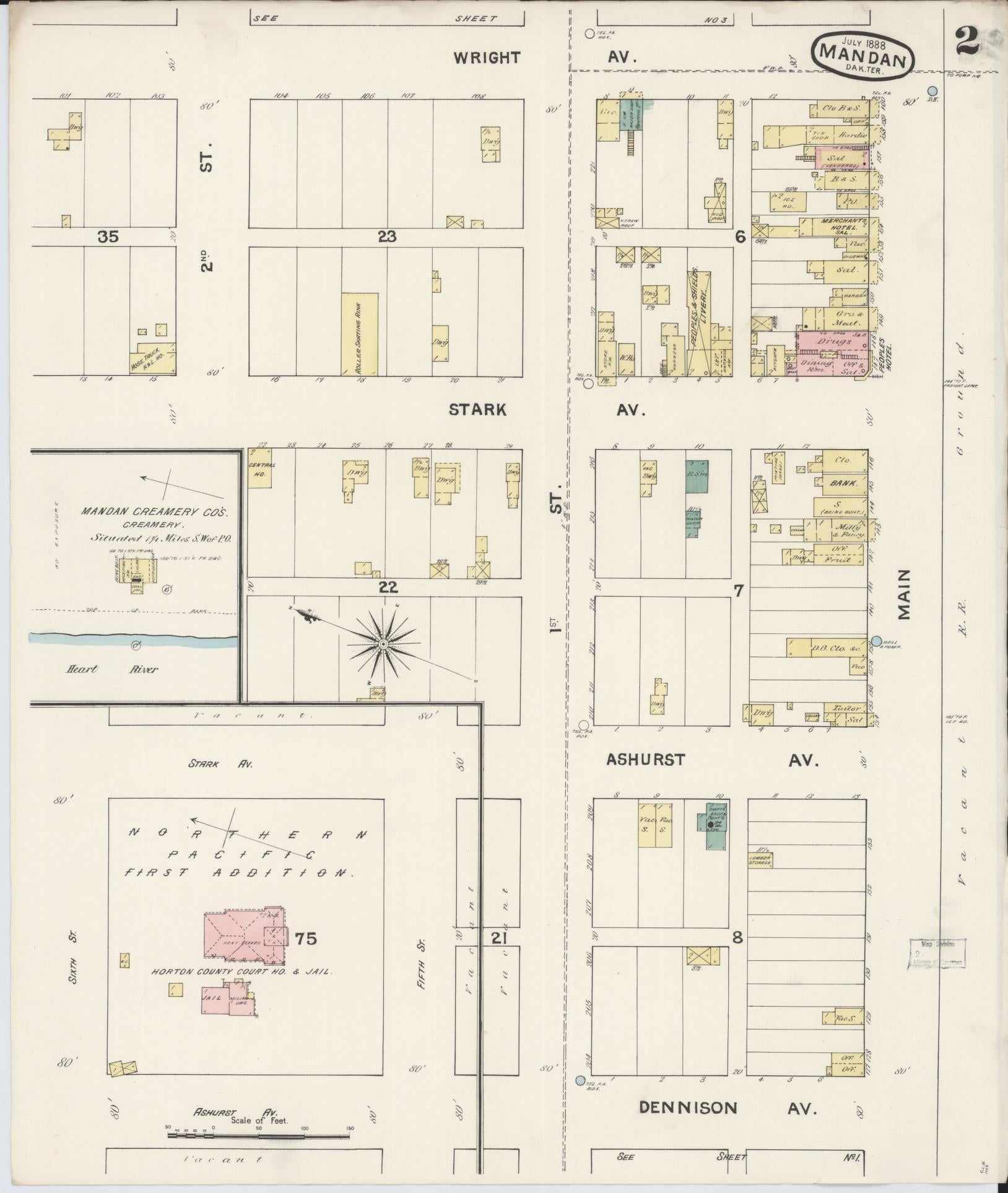 Sanborn Fire Insurance Map from Mandan, Morton County, North Dakota (1888), Sheet #0002 - Historic Sanborn Fire Insurance Map Print, vintage old map wall art, antique decor, genealogy gift, North Dakota North Dakota map