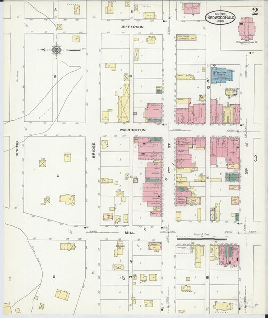 Sanborn Fire Insurance Map from Redwood Falls, Redwood County, Minnesota (1909), Sheet #0002 - Historic Sanborn Fire Insurance Map Print, vintage old map wall art, antique decor, genealogy gift, Minnesota Minnesota map