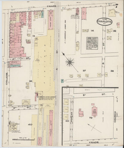 Sanborn Fire Insurance Map from Charlotte, Mecklenburg County, North Carolina (1885), Sheet #0007 - Historic Sanborn Fire Insurance Map Print, vintage old map wall art, antique decor, genealogy gift, North Carolina North Carolina map