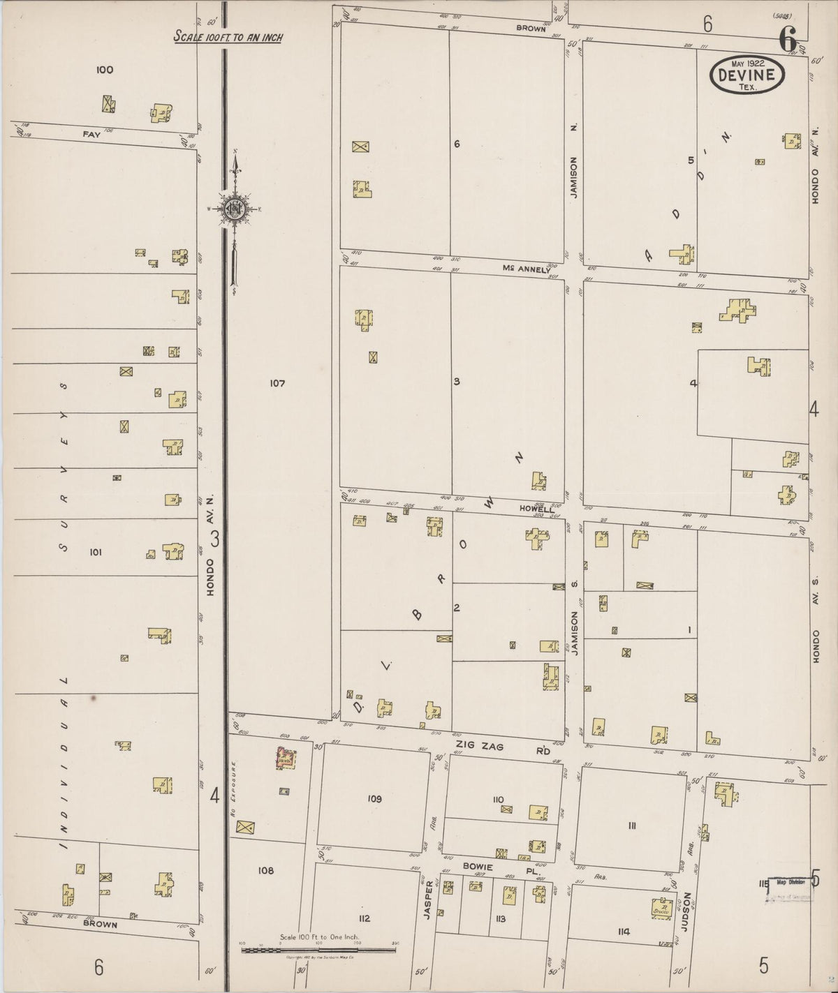 Sanborn Fire Insurance Map from Devine, Medina County, Texas (1922), Sheet #0006 - Historic Sanborn Fire Insurance Map Print, vintage old map wall art, antique decor, genealogy gift, Texas Texas map