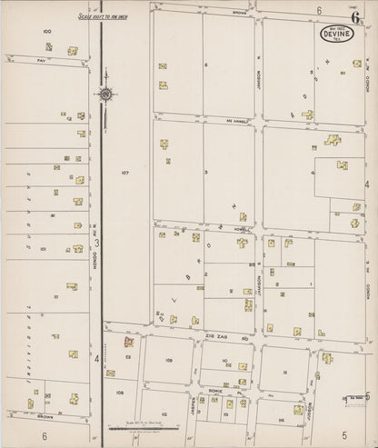 Sanborn Fire Insurance Map from Devine, Medina County, Texas (1922), Sheet #0006 - Historic Sanborn Fire Insurance Map Print, vintage old map wall art, antique decor, genealogy gift, Texas Texas map