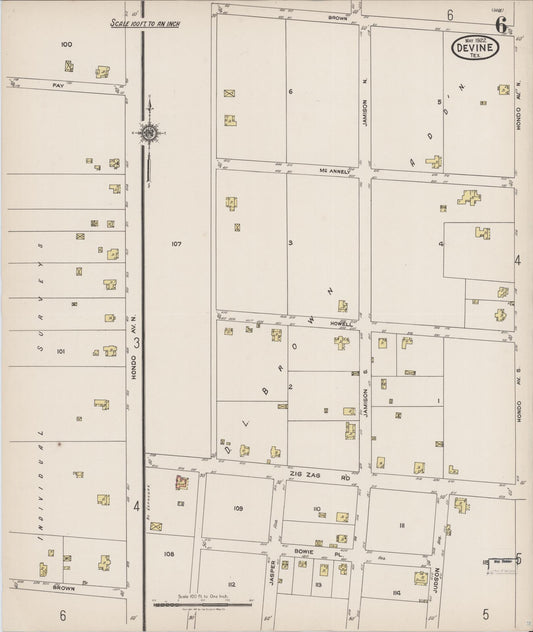 Sanborn Fire Insurance Map from Devine, Medina County, Texas (1922), Sheet #0006 - Historic Sanborn Fire Insurance Map Print, vintage old map wall art, antique decor, genealogy gift, Texas Texas map