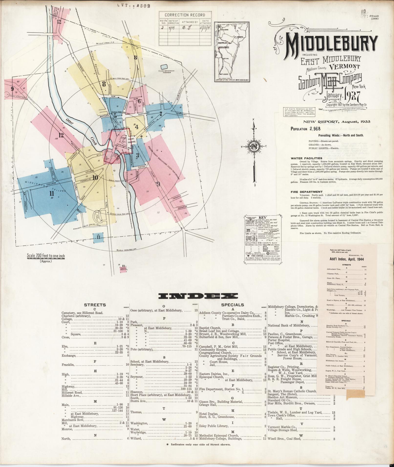 Sanborn Fire Insurance Map from Middlebury, Addison County, Vermont. (1944) – Historic Sanborn Fire Insurance Map Print