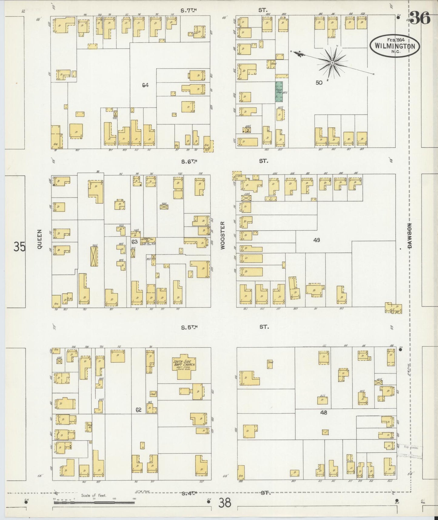 Sanborn Fire Insurance Map from Wilmington, New Hanover County, North Carolina (1904), Sheet #0036 - Complete Map Set gallery image, historic Sanborn map, vintage wall art, North Carolina North Carolina