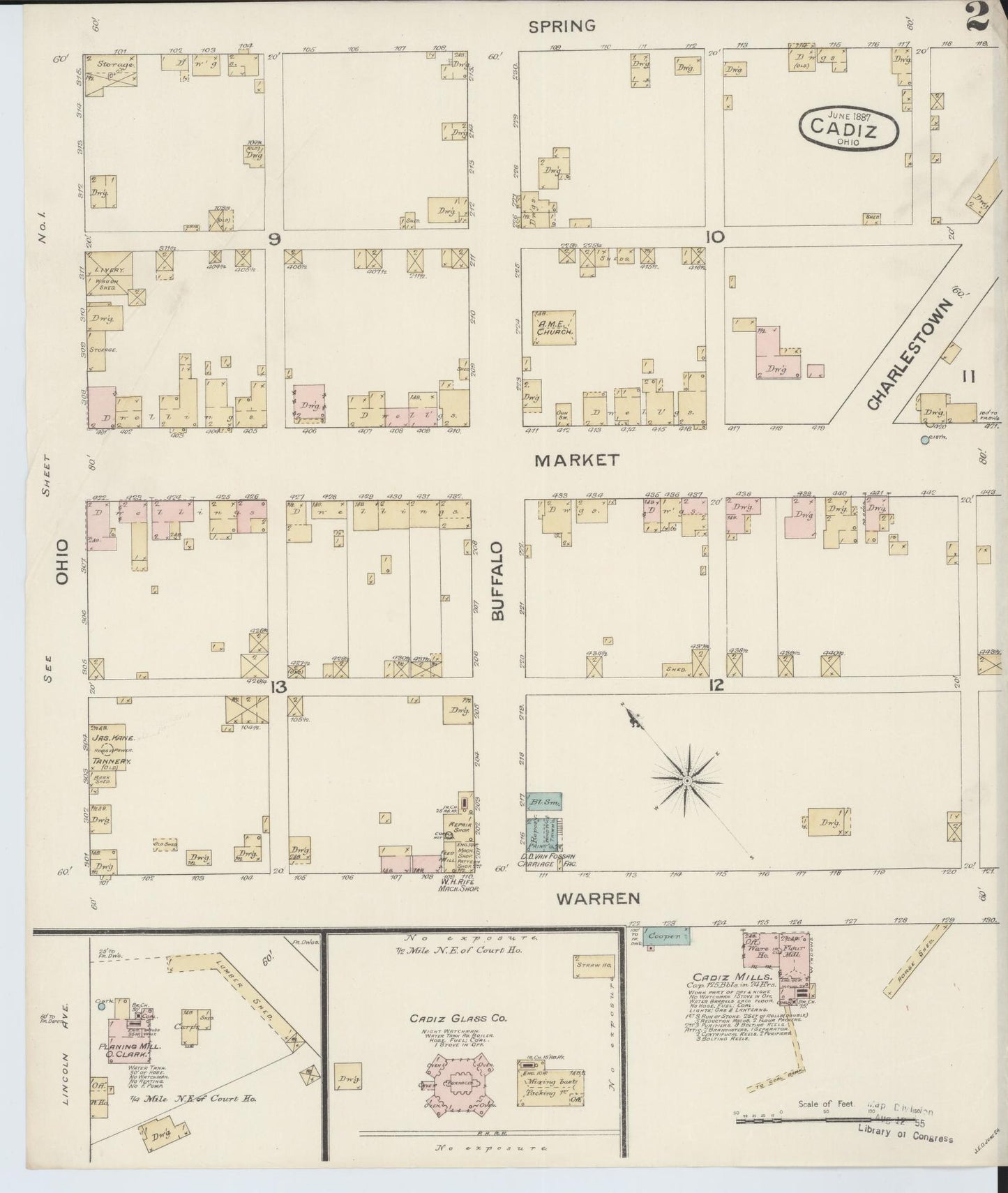 Sanborn Fire Insurance Map from Cadiz, Harrison County, Ohio (1887), Sheet #0002 - Historic Sanborn Fire Insurance Map Print, vintage old map wall art, antique decor, genealogy gift, Ohio Ohio map
