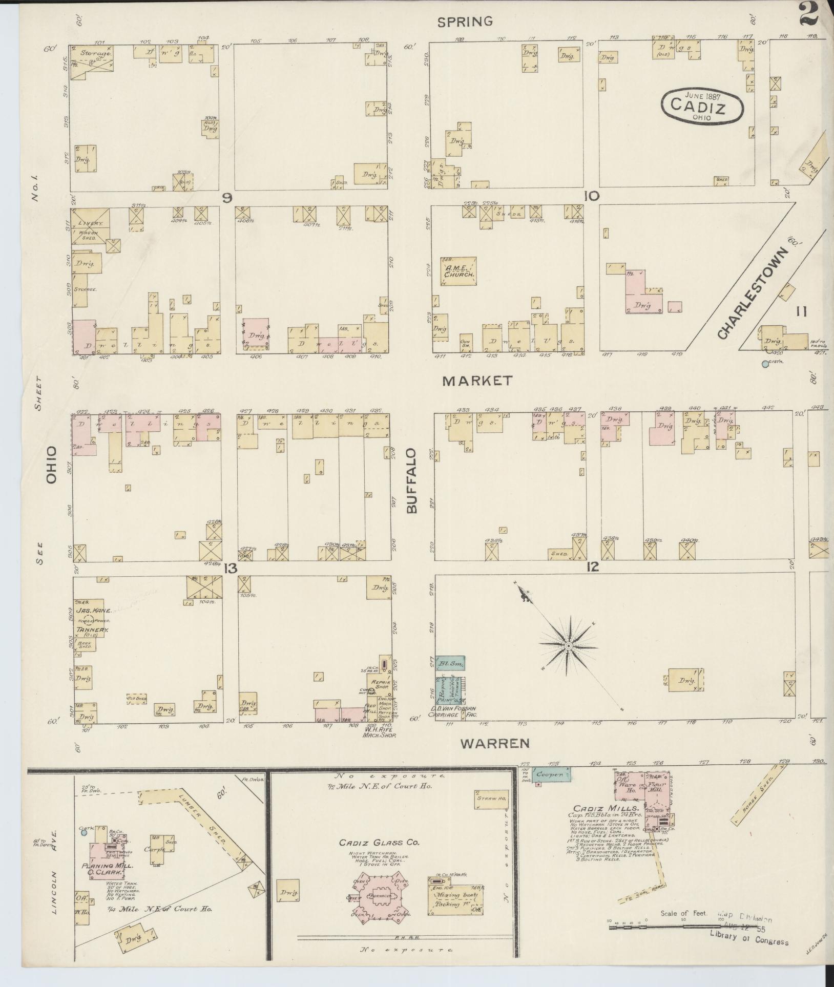 Sanborn Fire Insurance Map from Cadiz, Harrison County, Ohio (1887), Sheet #0002 - Historic Sanborn Fire Insurance Map Print, vintage old map wall art, antique decor, genealogy gift, Ohio Ohio map