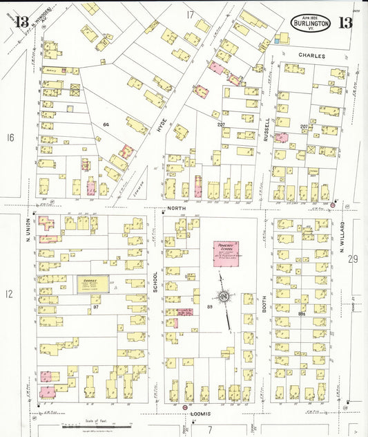 Sanborn Fire Insurance Map from Burlington, Chittenden County, Vermont (1926), Sheet #0013 - Historic Sanborn Fire Insurance Map Print, vintage old map wall art, antique decor, genealogy gift, Vermont Vermont map