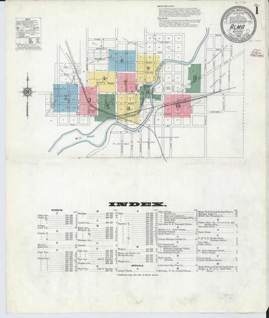 Sanborn Fire Insurance Map from Alma, Gratiot County, Michigan (1910), Sheet #0001 - Historic Sanborn Fire Insurance Map Print, vintage old map wall art, antique decor, genealogy gift, Michigan Michigan map