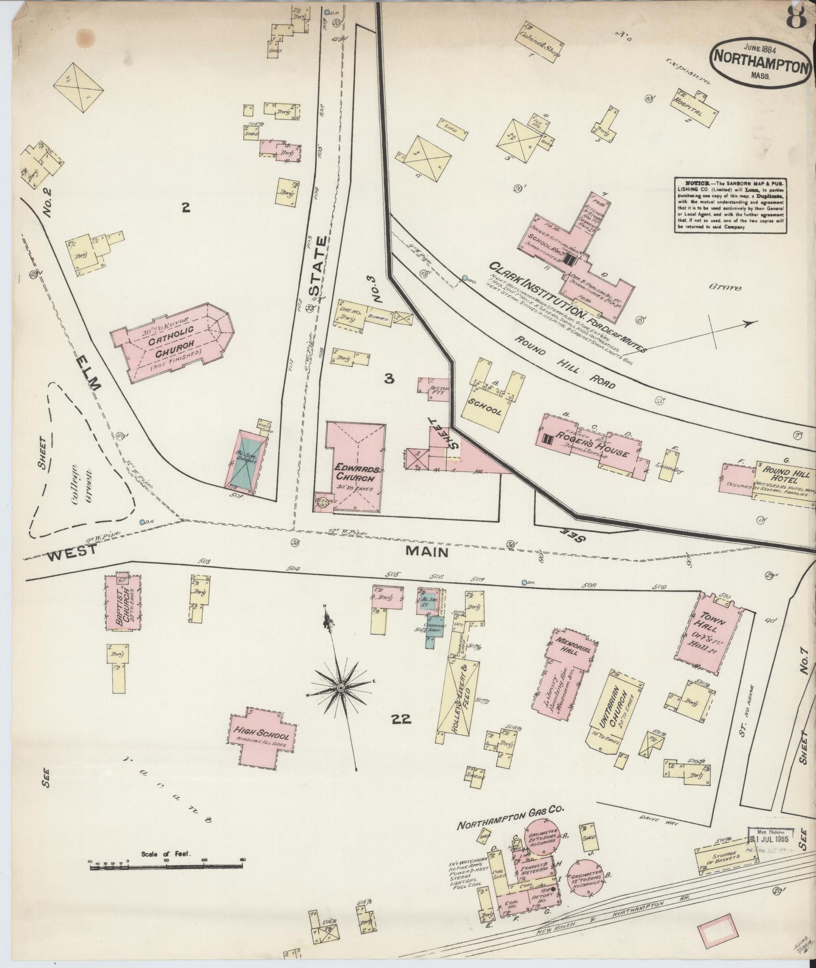 Sanborn Fire Insurance Map from Northampton, Hampshire County, Massachusetts (1884), Sheet #0008 - Historic Sanborn Fire Insurance Map Print, vintage old map wall art, antique decor, genealogy gift, Massachusetts Massachusetts map