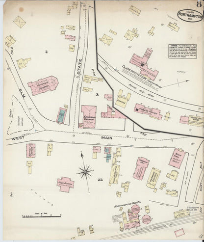 Sanborn Fire Insurance Map from Northampton, Hampshire County, Massachusetts (1884), Sheet #0008 - Historic Sanborn Fire Insurance Map Print, vintage old map wall art, antique decor, genealogy gift, Massachusetts Massachusetts map