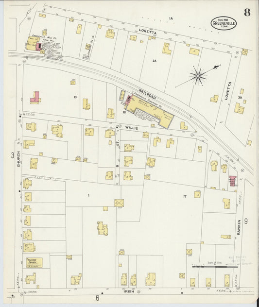 Sanborn Fire Insurance Map from Greeneville, Greene County, Tennessee (1908), Sheet #0008 - Historic Sanborn Fire Insurance Map Print, vintage old map wall art, antique decor, genealogy gift, Tennessee Tennessee map