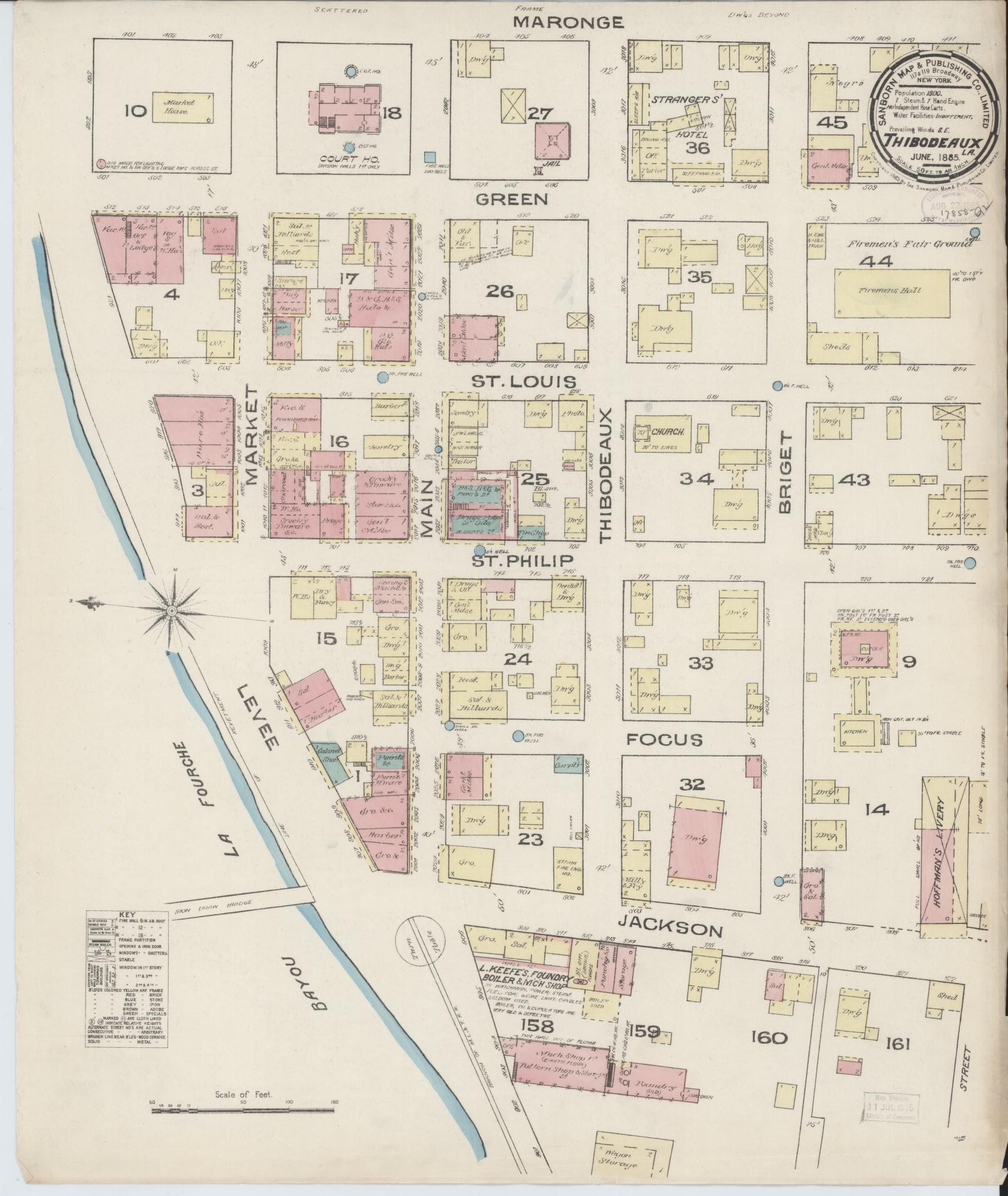 Sanborn Fire Insurance Map from Thibodaux, Lafourche Parish, Louisiana (1885), Sheet #0001 - Historic Sanborn Fire Insurance Map Print, vintage old map wall art, antique decor, genealogy gift, Louisiana Louisiana map