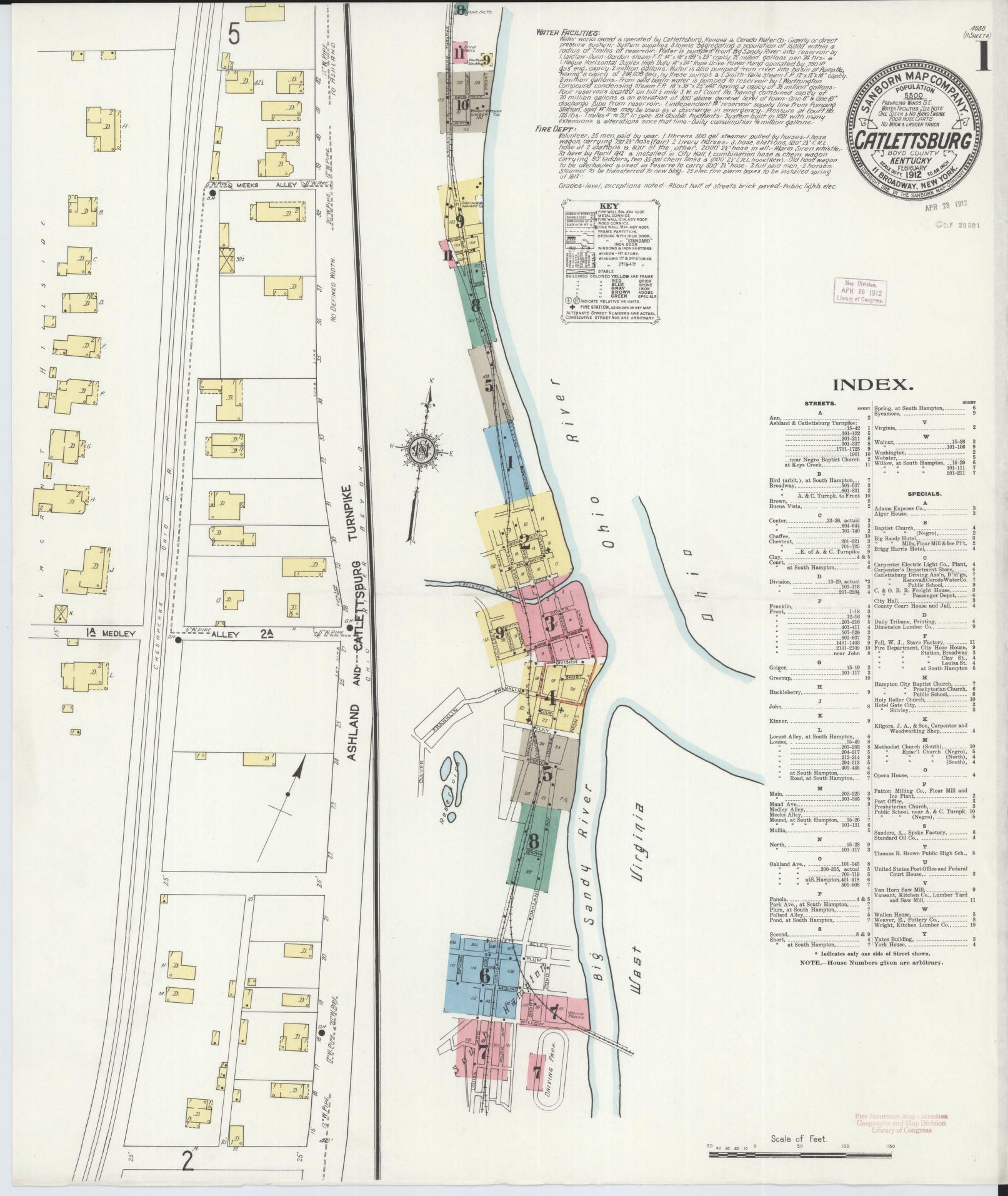 Sanborn Fire Insurance Map from Catlettsburg, Boyd County, Kentucky (1912), Sheet #0001 - Historic Sanborn Fire Insurance Map Print, vintage old map wall art, antique decor, genealogy gift, Kentucky Kentucky map