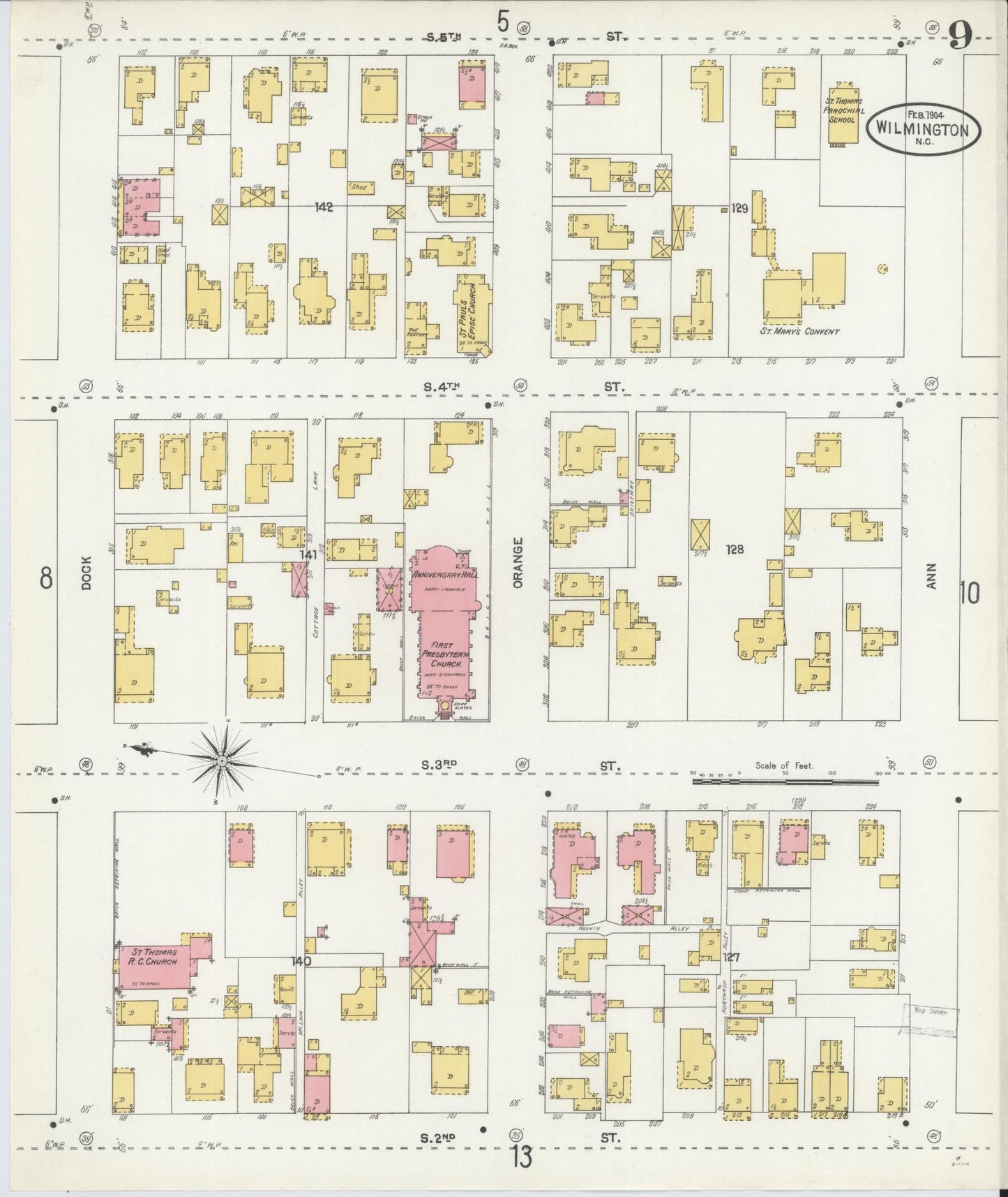 Sanborn Fire Insurance Map from Wilmington, New Hanover County, North Carolina (1904), Sheet #0009 - Historic Sanborn Fire Insurance Map Print, vintage old map wall art, antique decor, genealogy gift, North Carolina North Carolina map