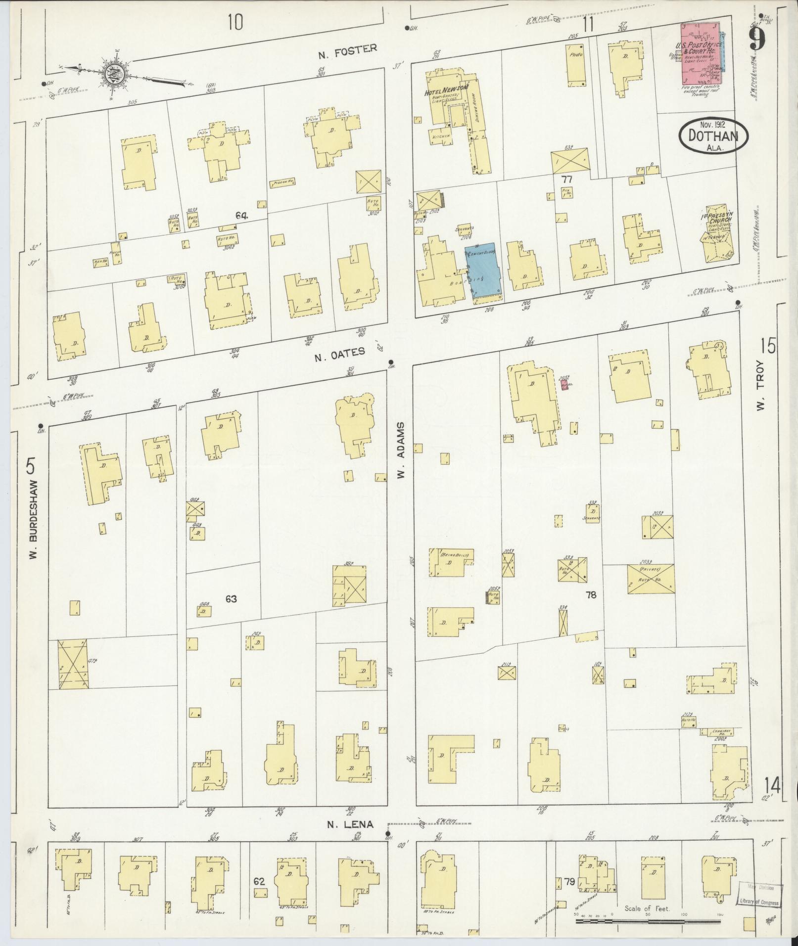 Sanborn Fire Insurance Map from Dothan, Houston County, Alabama (1912), Sheet #0009 - Complete Map Set gallery image, historic Sanborn map, vintage wall art, Alabama Alabama