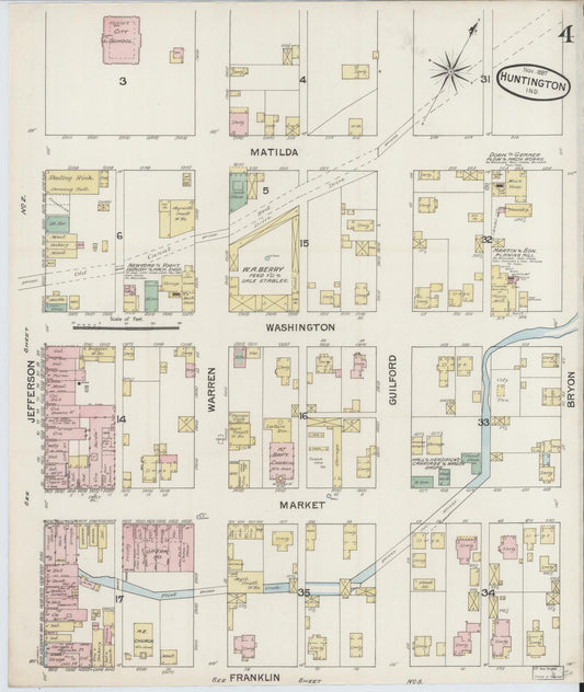 Sanborn Fire Insurance Map from Huntington, Huntington County, Indiana (1887), Sheet #0004 - Historic Sanborn Fire Insurance Map Print, vintage old map wall art, antique decor, genealogy gift, Indiana Indiana map