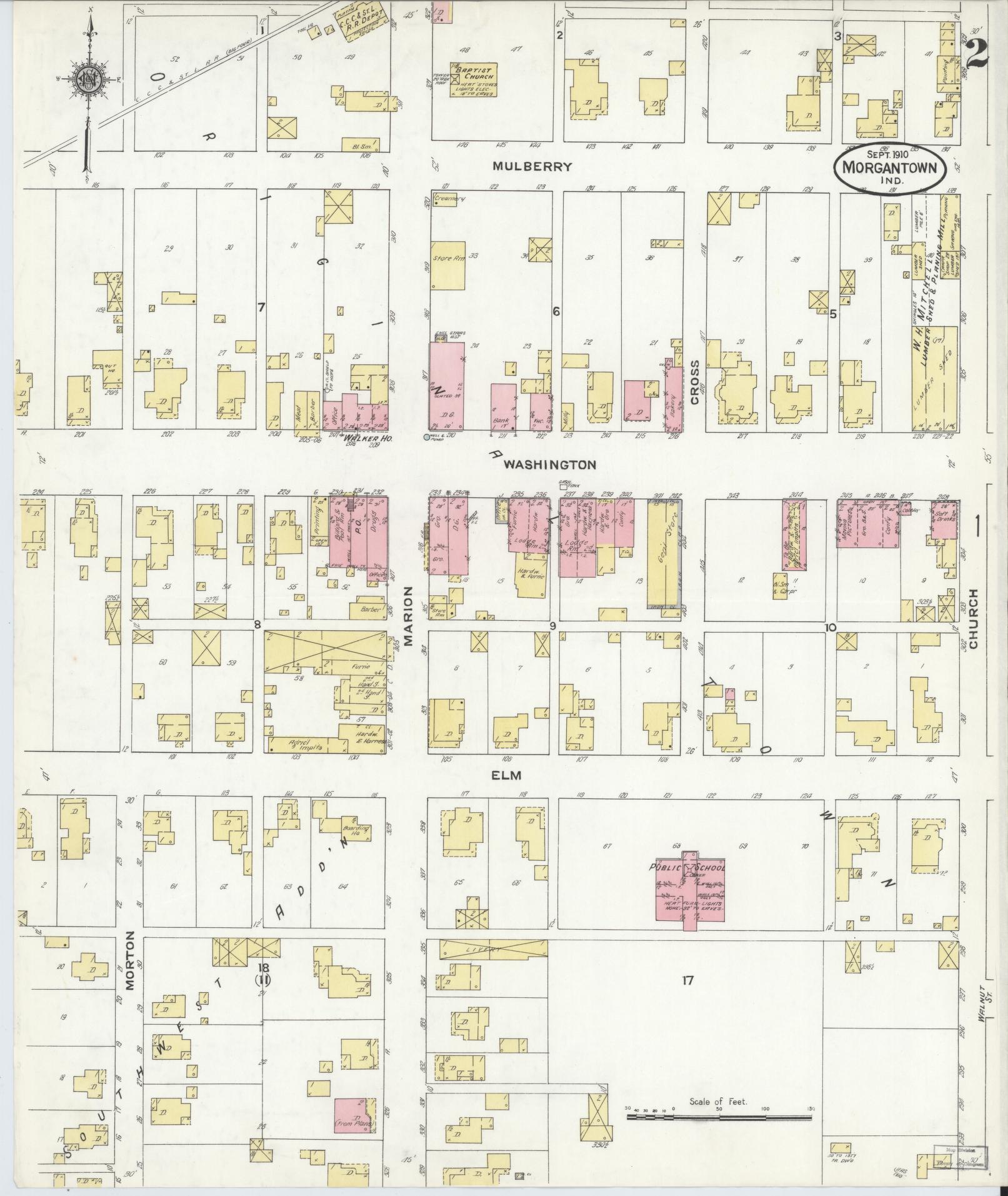 Sanborn Fire Insurance Map from Morgantown, Morgan County, Indiana (1910), Sheet #0002 - Complete Map Set gallery image, historic Sanborn map, vintage wall art, Indiana Indiana