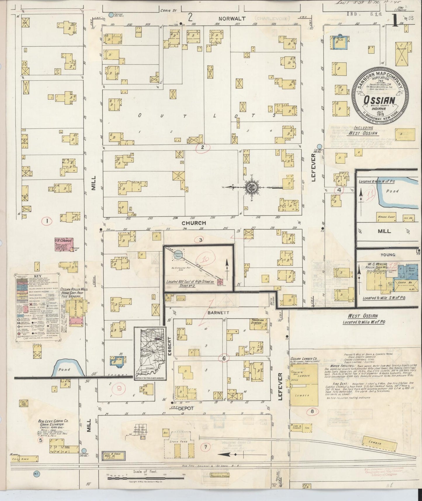 Sanborn Fire Insurance Map from Ossian, Wells County, Indiana (1933), Sheet #0001 - Historic Sanborn Fire Insurance Map Print, vintage old map wall art, antique decor, genealogy gift, Indiana Indiana map